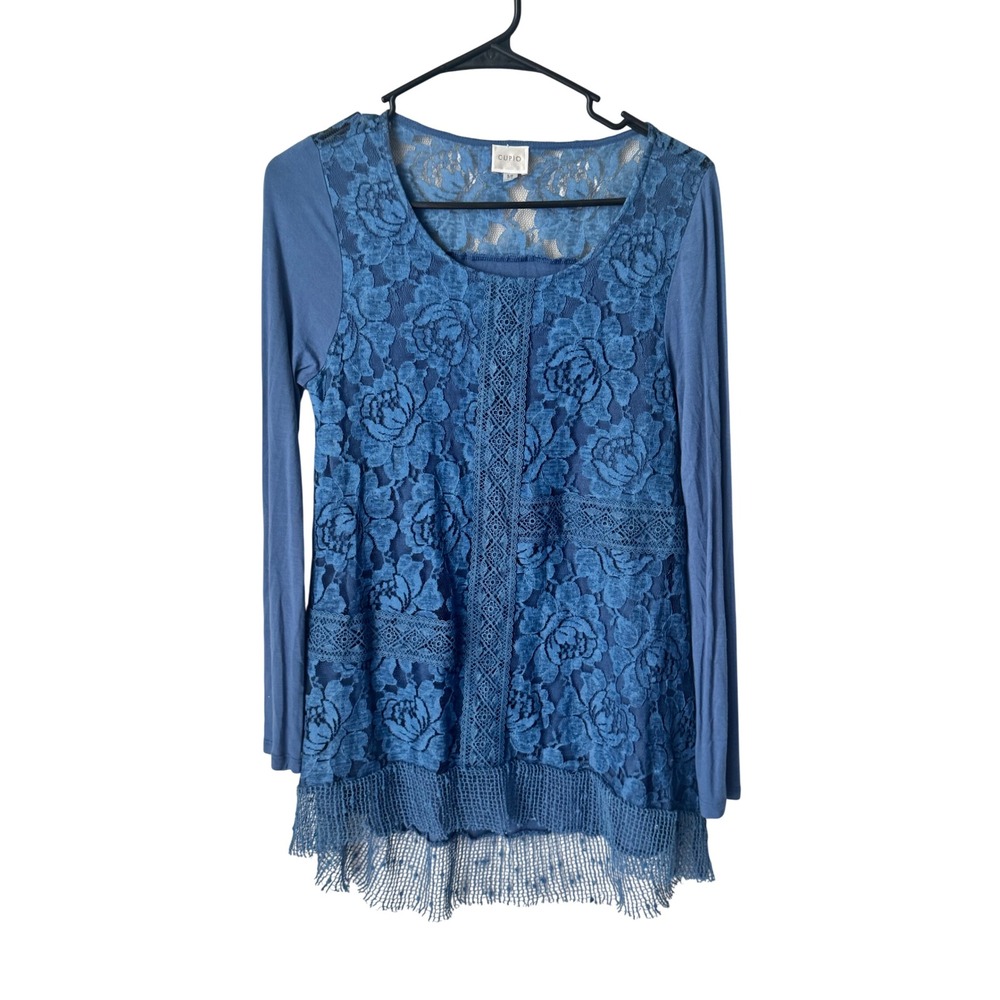 Cupio Womens Blue Floral Lace Crochet Trim Long Sleeve Mixed Media Top Small